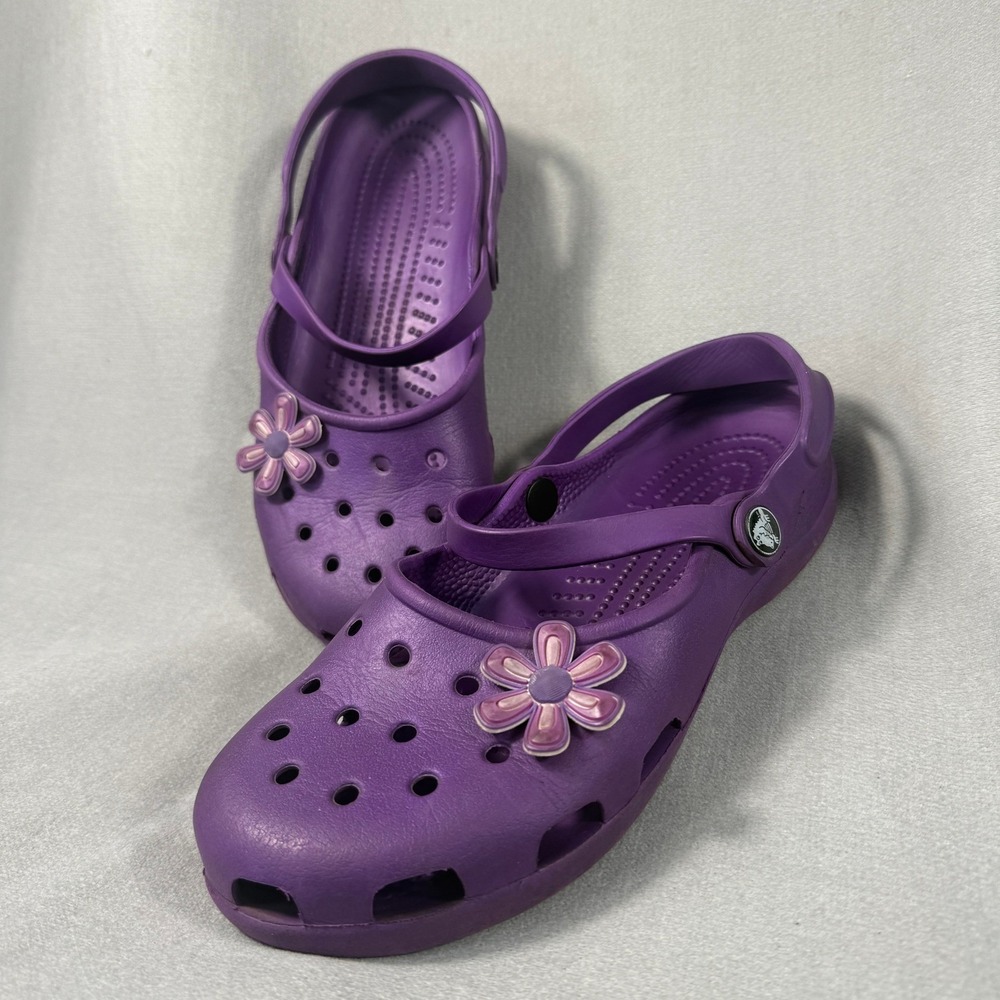 Purple Crocs Womens 9 Vintage Ventilated Lightweight Slip On Y2K Flower Charms